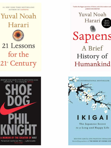4 Book set ( 21 lessons for the 21st century , Sapiens , Shoe dog , Ikigai )