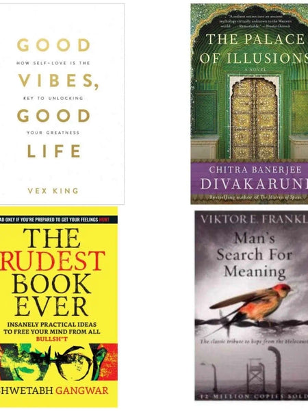 4 Book set ( Good vibes good life , The palace of illusion , The rudest book ever , Man's search for meaning )