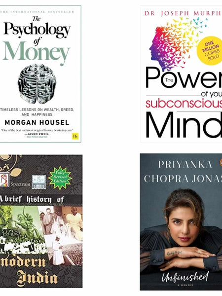 4 Book set ( Psychology of money , Power of subconscious mind , A brief history of modern India , Unfinished )