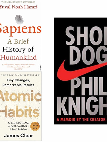 3 book set ( Sapiens , Shoe dog , Atomic Habits)