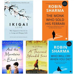 5 book set ( Ikigai , The monk who sold his Ferrari , And the mountain echoed , A thousand splendid sun , Who will cry when you die )
