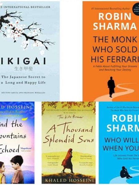 5 book set ( Ikigai , The monk who sold his Ferrari , And the mountain echoed , A thousand splendid sun , Who will cry when you die )