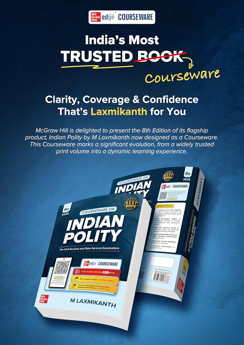 Indian Polity Courseware (English), 8e by M Laxmikanth for UPSC 2026 | 40+ Conceptual Videos | Colour eBook | Solved 13 Years Prelims PYQs (2013-25) | 12 Years Main Exam Questions | Practice Questions
