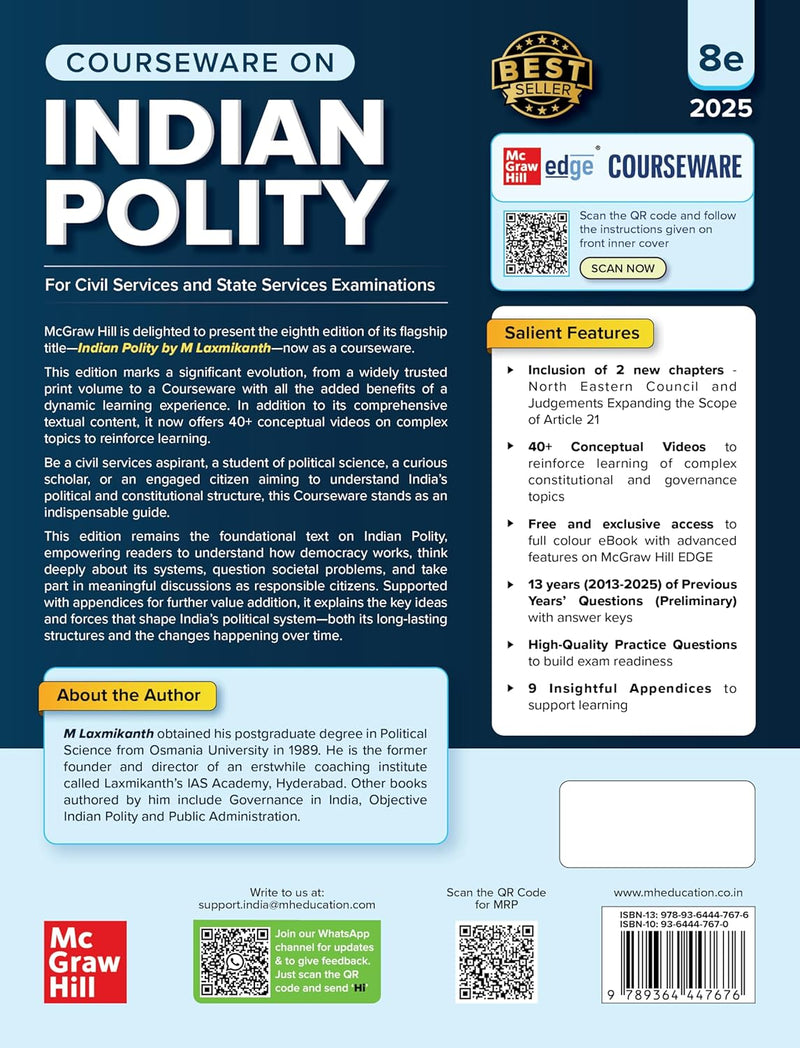 Indian Polity Courseware (English), 8e by M Laxmikanth for UPSC 2026 | 40+ Conceptual Videos | Colour eBook | Solved 13 Years Prelims PYQs (2013-25) | 12 Years Main Exam Questions | Practice Questions