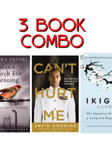 3 book combo man's search for meaning, can't hurt me and Ikigai