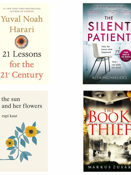 4 Book set Eclectic Reading Collection : 21 lessons for 21st century , Silent Patient , The sun and her flower , Book thief